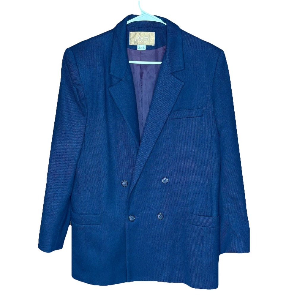Vintage 80s Saville Wool‎ Blazer Women 14 Navy Double Breasted Classic Academia
